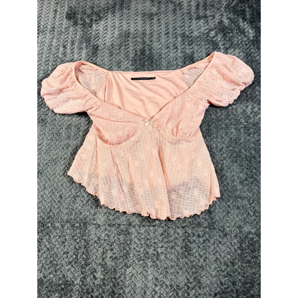 Heart & Hips Blouse Top Women Small Pink Off The Shoulder Bow Detail Puff Sleeve
